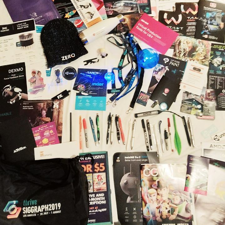 Packing up to leave the hotel and wow... SO. MUCH. SWAG. What an amazing week it has been at #SIGGRAPH2019 If we met during the week and didn't get to exchange details then please know that you're welcome to get in touch so that we can stay in contact and share in each others enthusiasm. I have met so many amazing people and made some new friends this week, it's been truly awesome.